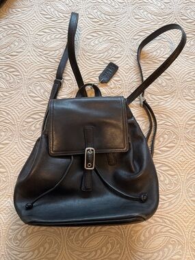 Coach Black Leather Drawstring Backpack with Flap
